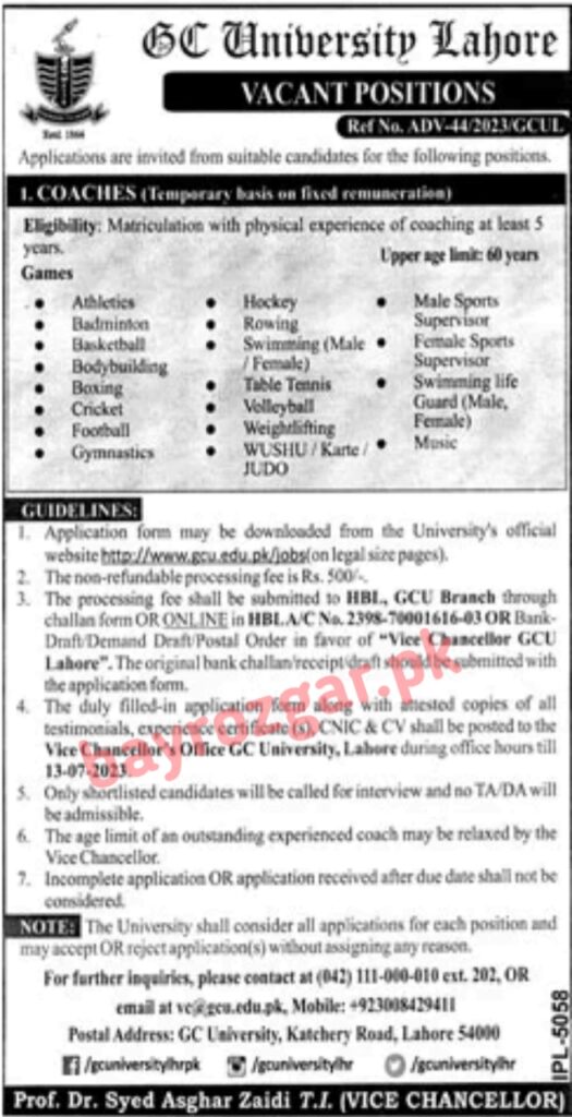 Gc University Lahore Jobs adverstiment 2023