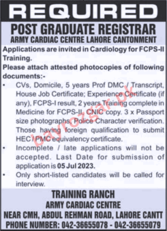Army Cardiac Center Lahore Jobs advertisement 2023