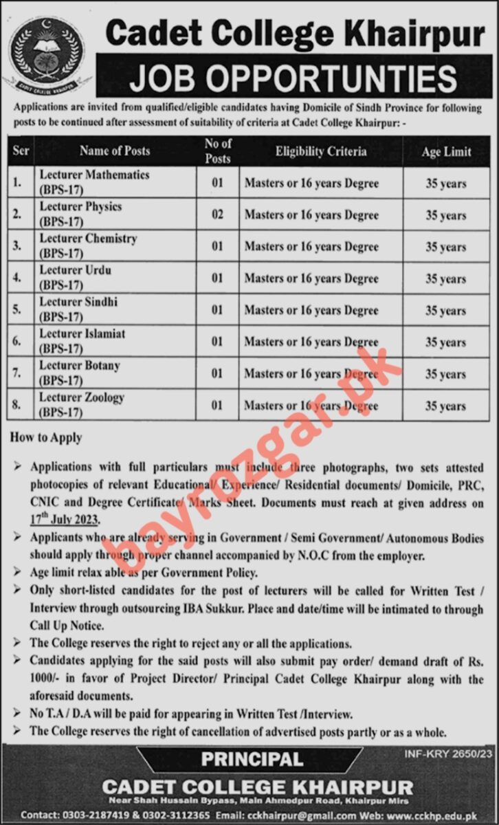 Cadet College Khairpur Jobs Advertisement 2023